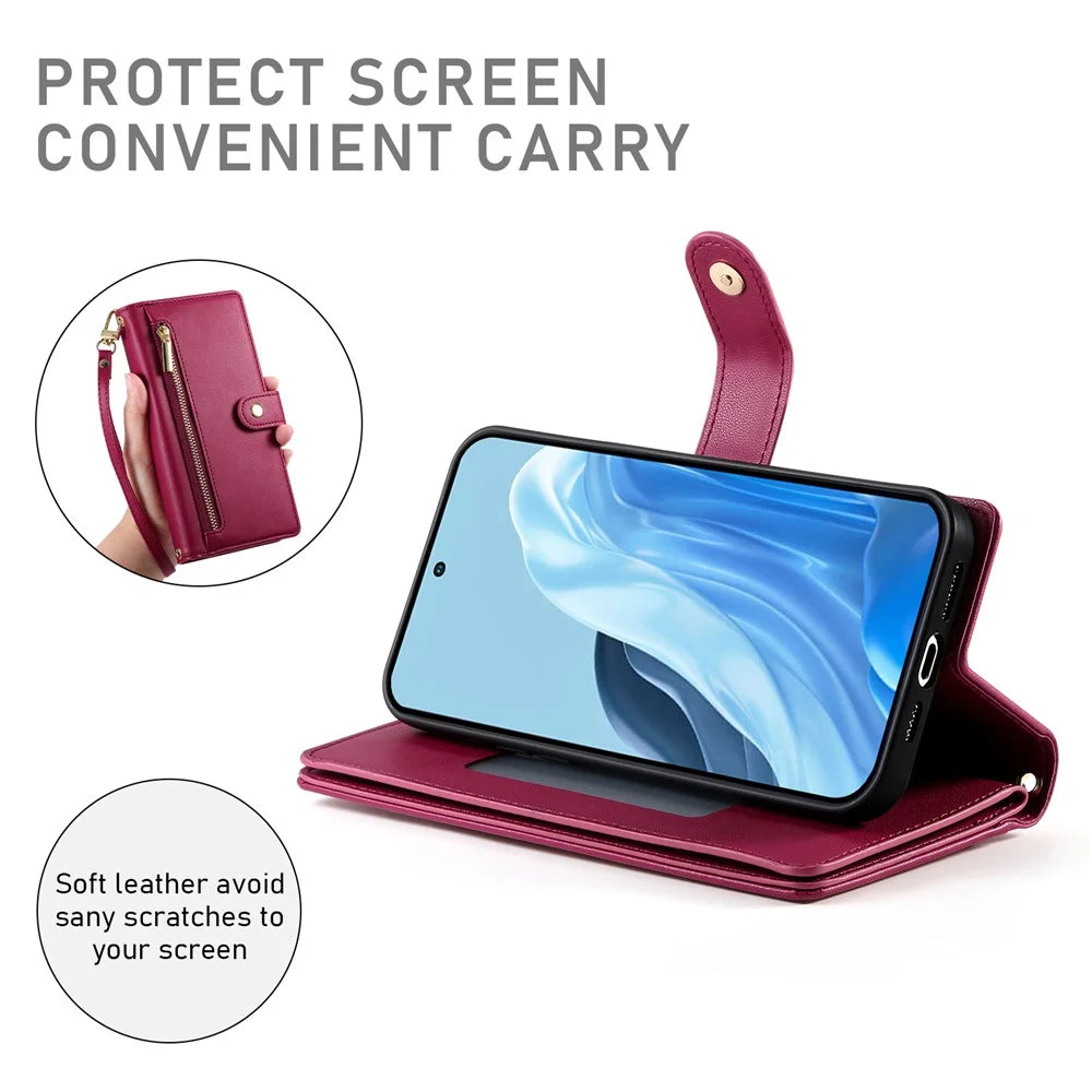 DF-011 For Samsung Galaxy M35 5G Case Zipper Pocket Wallet Leather Phone Cover with Straps - Red - 3
