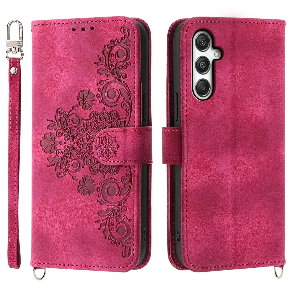 For Samsung Galaxy M35 5G Case Flower Pattern PU Leather Wallet Phone Cover with Strap - Wine Red - 1