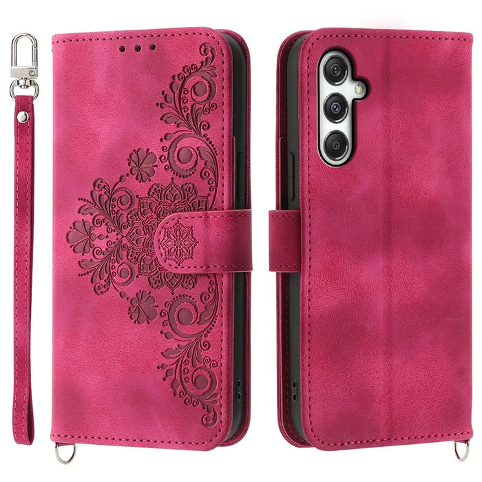 For Samsung Galaxy M35 5G Case Flower Pattern PU Leather Wallet Phone Cover with Strap - Wine Red - 1
