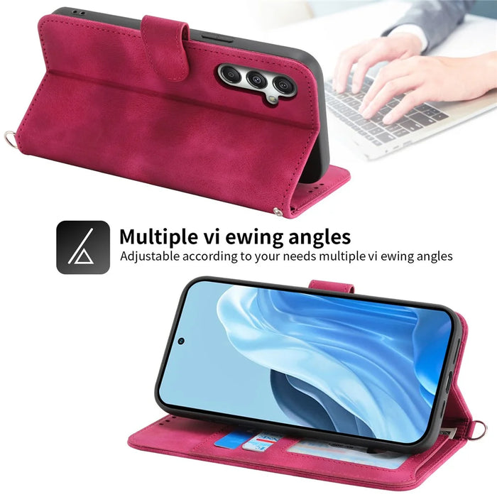 For Samsung Galaxy M35 5G Case Flower Pattern PU Leather Wallet Phone Cover with Strap - Wine Red - 3