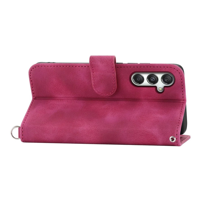 For Samsung Galaxy M35 5G Case Flower Pattern PU Leather Wallet Phone Cover with Strap - Wine Red - 5