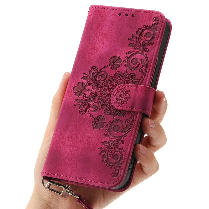 For Samsung Galaxy M35 5G Case Flower Pattern PU Leather Wallet Phone Cover with Strap - Wine Red - 7