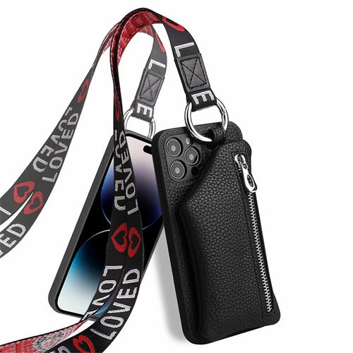 For iPhone 14 Pro Max Zipper Pocket Protective Cover with Lanyard Detachable Wallet PU Leather Coated TPU Phone Case - Black - 1