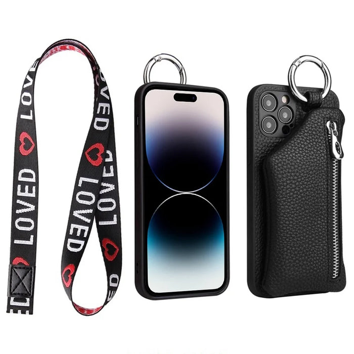 For iPhone 14 Pro Max Zipper Pocket Protective Cover with Lanyard Detachable Wallet PU Leather Coated TPU Phone Case - Black - 2