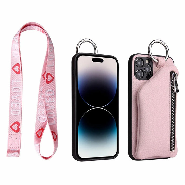 For iPhone 14 Pro Max Zipper Pocket Protective Cover with Lanyard Detachable Wallet PU Leather Coated TPU Phone Case - Black - 4