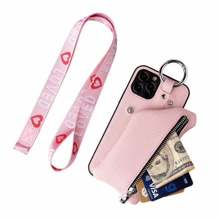 For iPhone 14 Pro Max Zipper Pocket Protective Cover with Lanyard Detachable Wallet PU Leather Coated TPU Phone Case - Black - 6