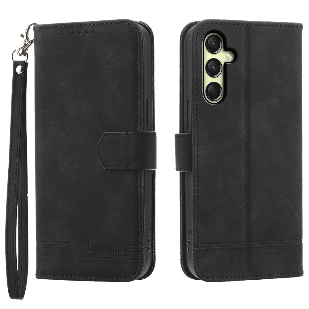 DIERFENG DF-03 For Samsung Galaxy A16 5G / A16 4G Leather Case Lines Imprint Wallet Phone Cover - Black - 1