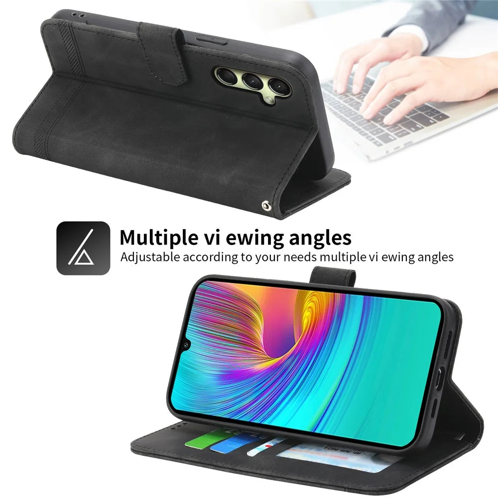 DIERFENG DF-03 For Samsung Galaxy A16 5G / A16 4G Leather Case Lines Imprint Wallet Phone Cover - Black - 4