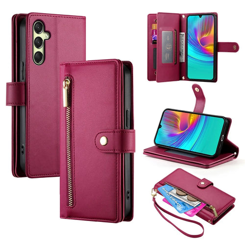 DF-011 For Samsung Galaxy A16 5G / A16 4G Case Zipper Pocket Wallet Leather Phone Cover with Straps - Red - 1