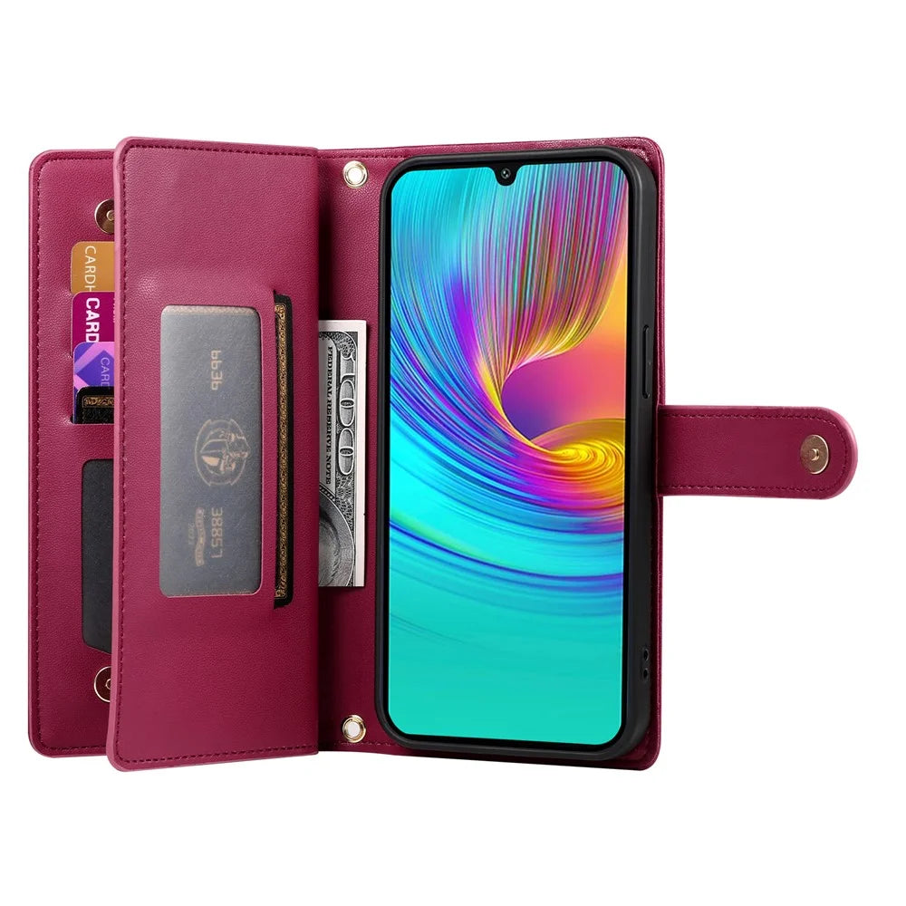 DF-011 For Samsung Galaxy A16 5G / A16 4G Case Zipper Pocket Wallet Leather Phone Cover with Straps - Red - 2