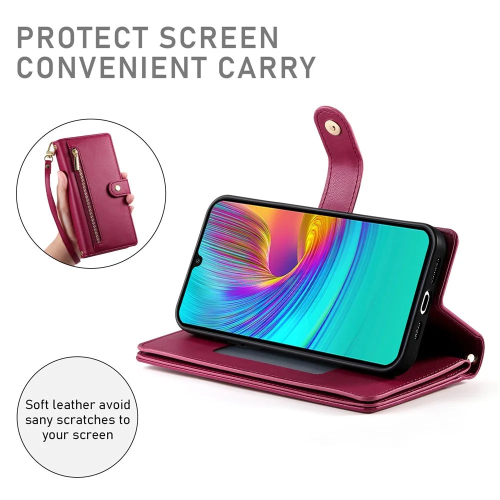 DF-011 For Samsung Galaxy A16 5G / A16 4G Case Zipper Pocket Wallet Leather Phone Cover with Straps - Red - 3