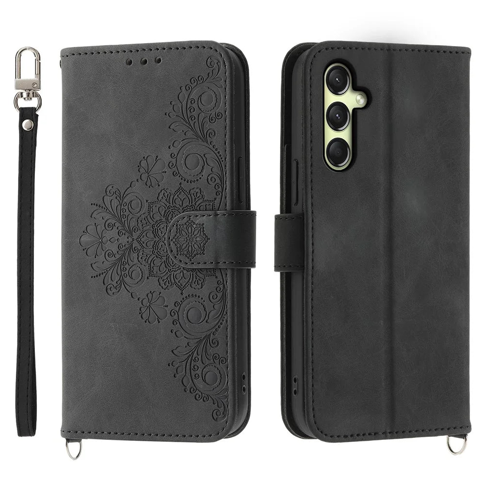 For Samsung Galaxy A16 5G / A16 4G Case Flower Pattern PU Leather Wallet Phone Cover with Strap - Black - 1