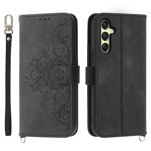 For Samsung Galaxy A16 5G / A16 4G Case Flower Pattern PU Leather Wallet Phone Cover with Strap - Black - 1