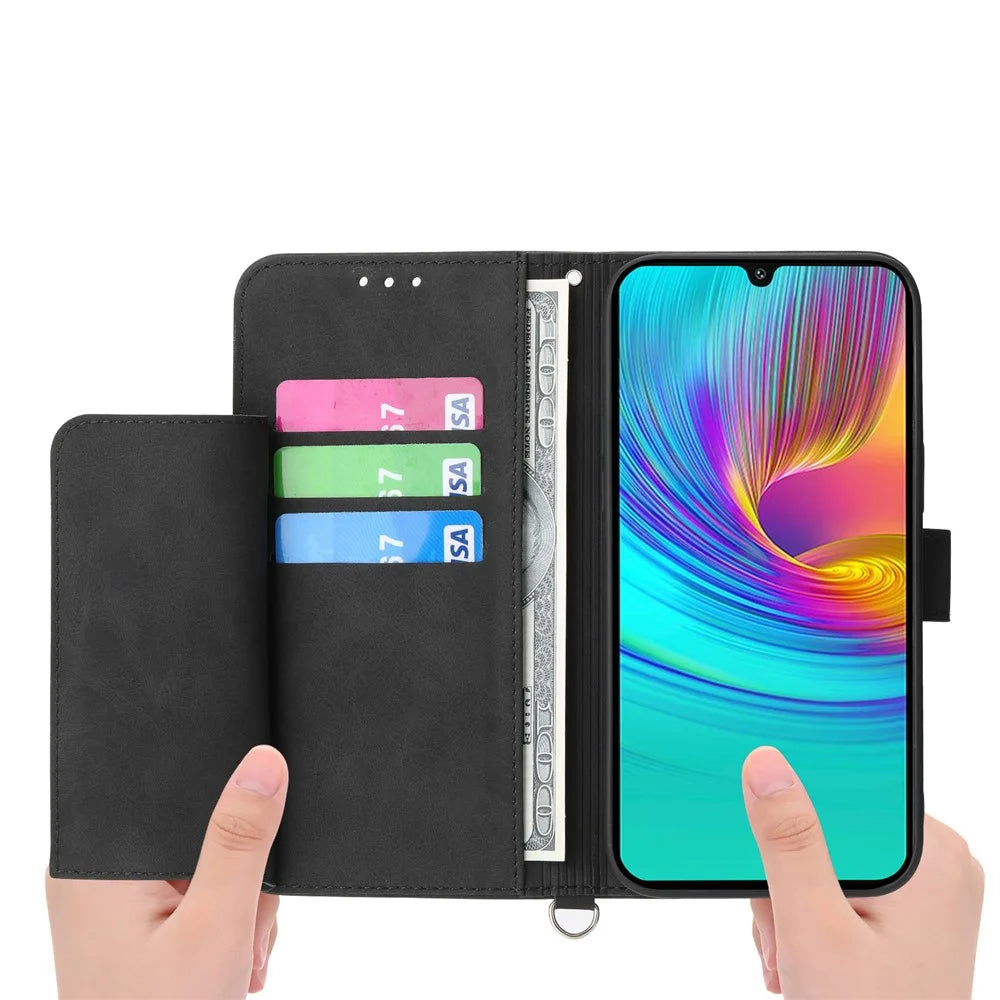 For Samsung Galaxy A16 5G / A16 4G Case Flower Pattern PU Leather Wallet Phone Cover with Strap - Black - 2