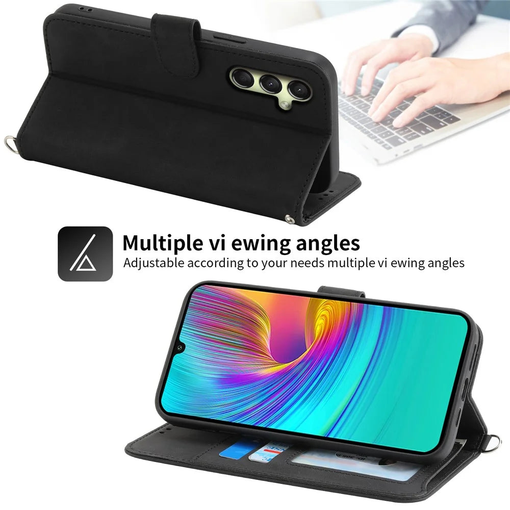 For Samsung Galaxy A16 5G / A16 4G Case Flower Pattern PU Leather Wallet Phone Cover with Strap - Black - 6
