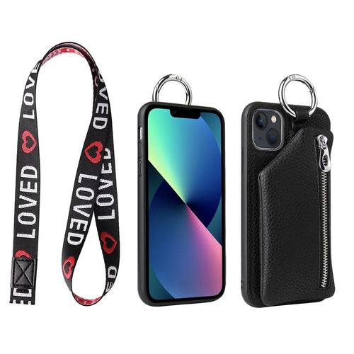 For iPhone 13 6.1 inch Detachable Wallet PU Leather Coated TPU Phone Case Zipper Pocket Protective Cover with Lanyard - Black - 1