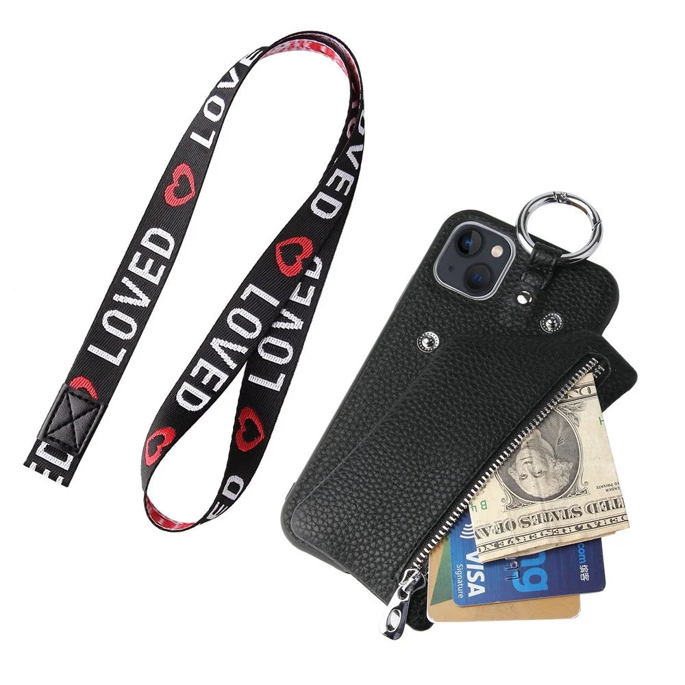 For iPhone 13 6.1 inch Detachable Wallet PU Leather Coated TPU Phone Case Zipper Pocket Protective Cover with Lanyard - Black - 3