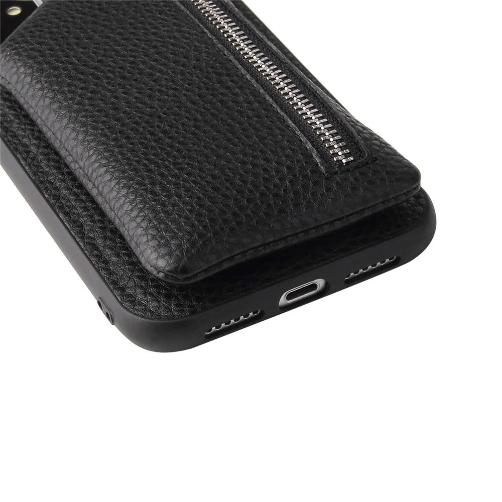 For iPhone 13 6.1 inch Detachable Wallet PU Leather Coated TPU Phone Case Zipper Pocket Protective Cover with Lanyard - Black - 5