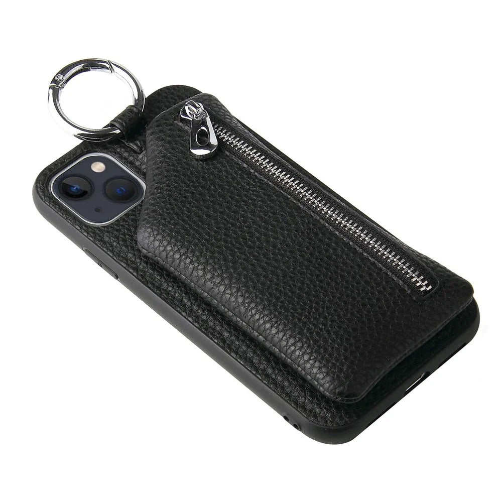 For iPhone 13 6.1 inch Detachable Wallet PU Leather Coated TPU Phone Case Zipper Pocket Protective Cover with Lanyard - Black - 6