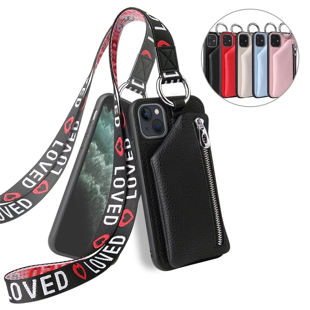 For iPhone 13 6.1 inch Detachable Wallet PU Leather Coated TPU Phone Case Zipper Pocket Protective Cover with Lanyard - Black - 7
