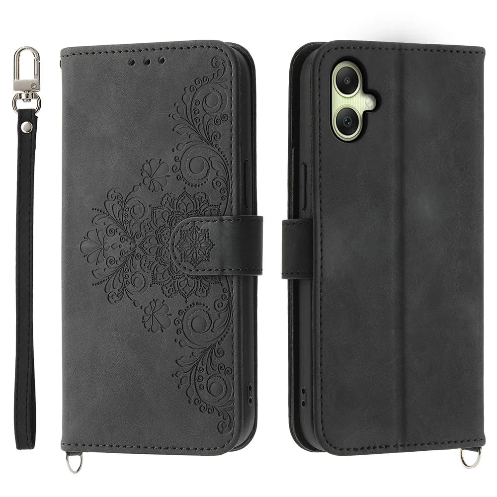 For Samsung Galaxy A06 4G Case Flower Pattern PU Leather Wallet Phone Cover with Strap - Black - 1