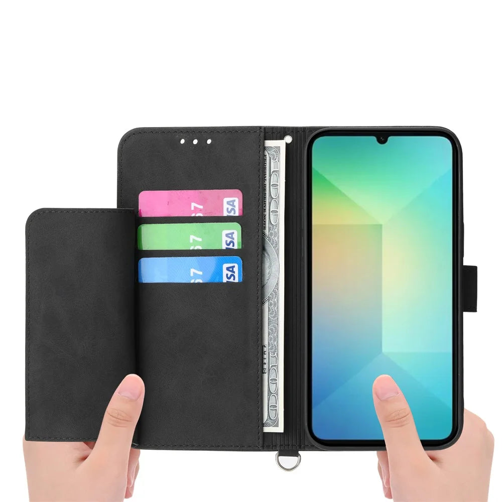 For Samsung Galaxy A06 4G Case Flower Pattern PU Leather Wallet Phone Cover with Strap - Black - 2