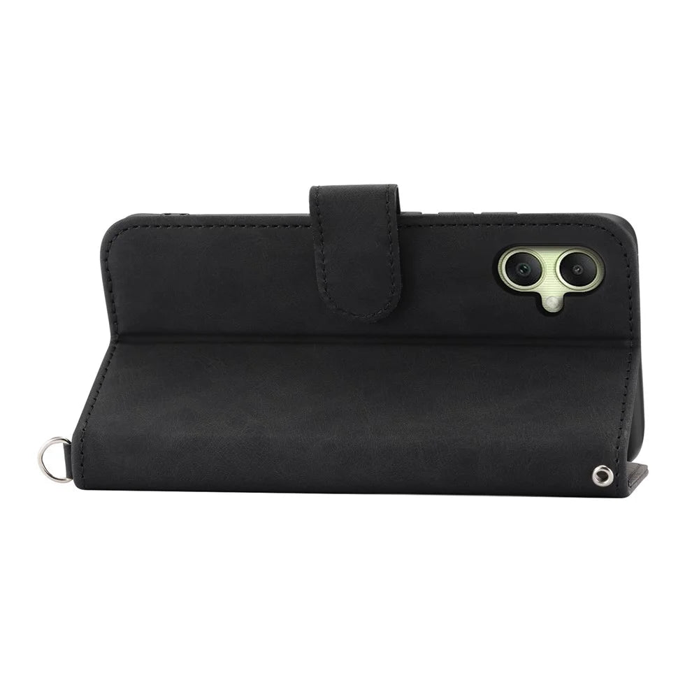For Samsung Galaxy A06 4G Case Flower Pattern PU Leather Wallet Phone Cover with Strap - Black - 4