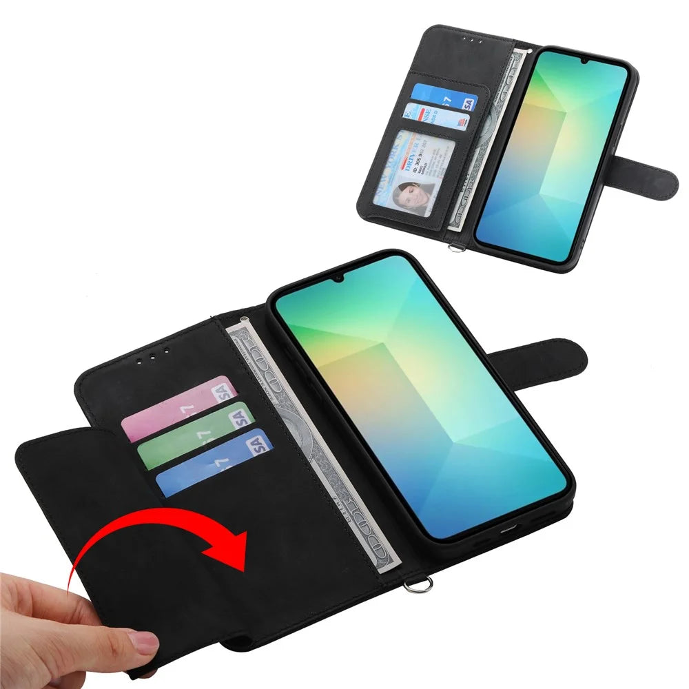 For Samsung Galaxy A06 4G Case Flower Pattern PU Leather Wallet Phone Cover with Strap - Black - 5