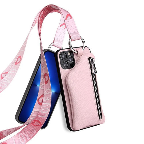 For iPhone 13 Pro 6.1 inch Detachable Wallet PU Leather Coated TPU Phone Case Zipper Pocket Shockproof Protective Cover with Lanyard - Pink - 1