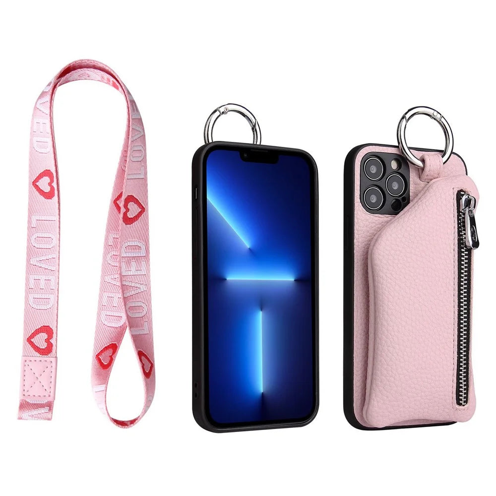 For iPhone 13 Pro 6.1 inch Detachable Wallet PU Leather Coated TPU Phone Case Zipper Pocket Shockproof Protective Cover with Lanyard - Pink - 2