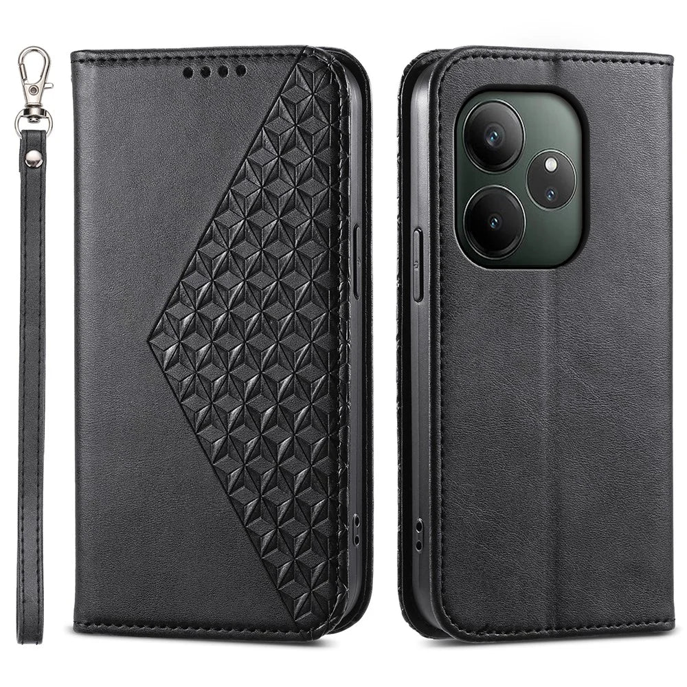For Realme GT 6 5G Case Calf Texture PU Leather Phone Cover with Wallet - Black - 1