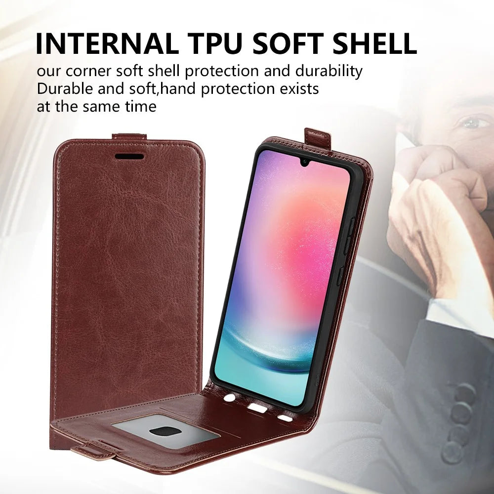 For Samsung Galaxy A16 5G / A16 4G Case with Card Slots Vertical Flip Leather Phone Cover - Brown - 5