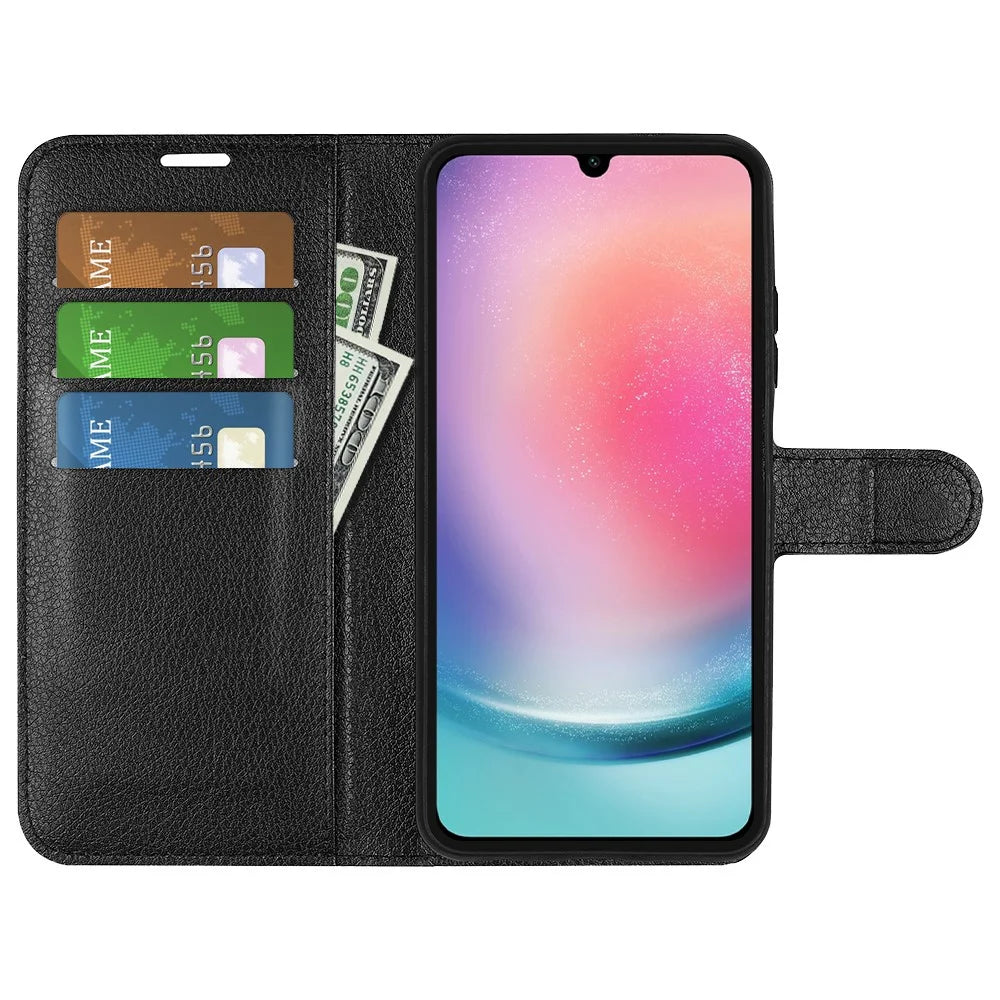 For Samsung Galaxy A16 5G / A16 4G Case Litchi Texture Shockproof Leather Wallet Phone Cover - Black - 2