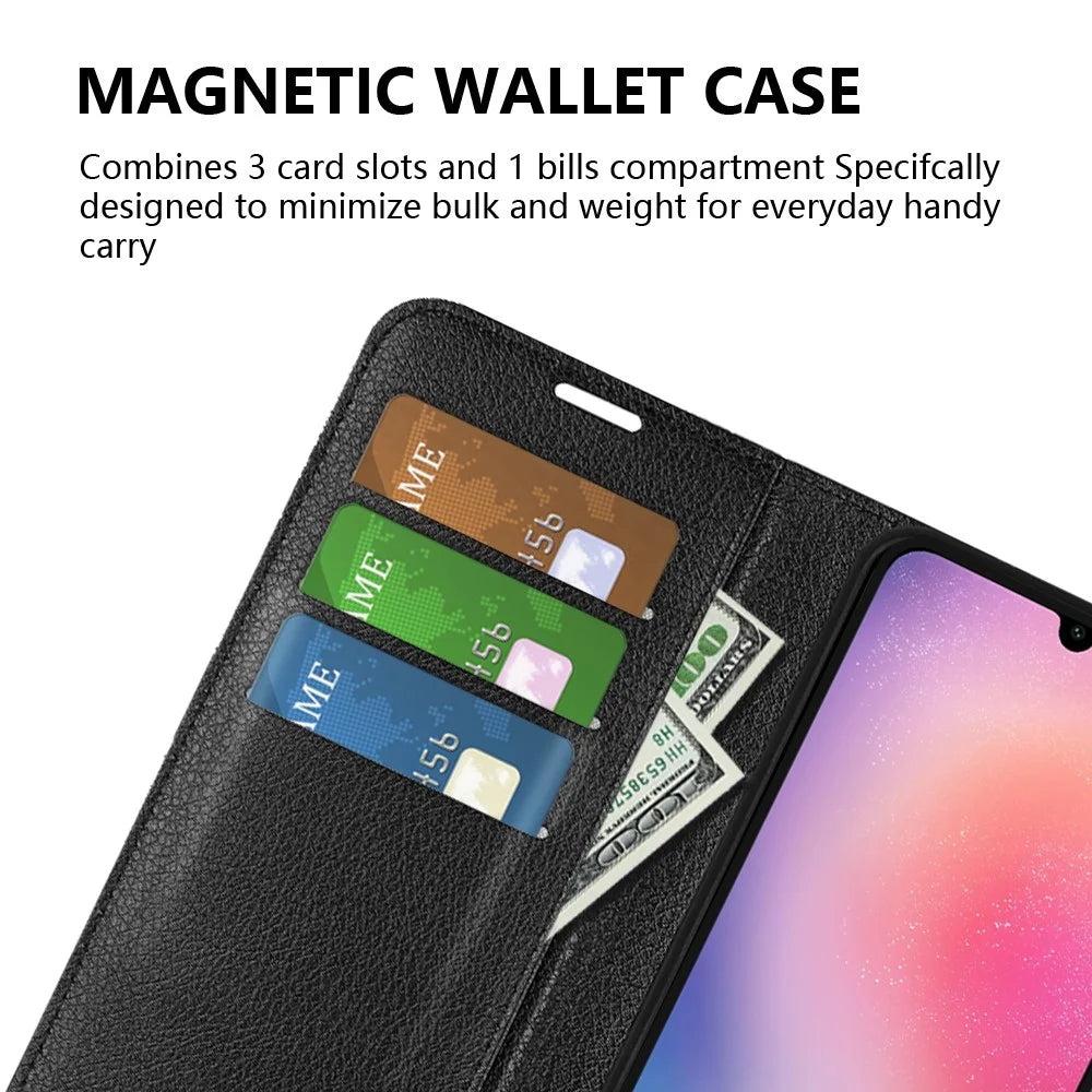 For Samsung Galaxy A16 5G / A16 4G Case Litchi Texture Shockproof Leather Wallet Phone Cover - Black - 5