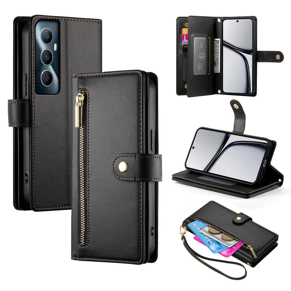 DF-011 For Realme C65 4G Case Zipper Pocket Wallet Leather Phone Cover with Straps - Black - 1