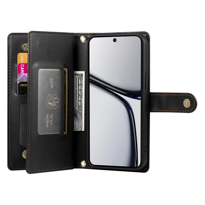 DF-011 For Realme C65 4G Case Zipper Pocket Wallet Leather Phone Cover with Straps - Black - 2
