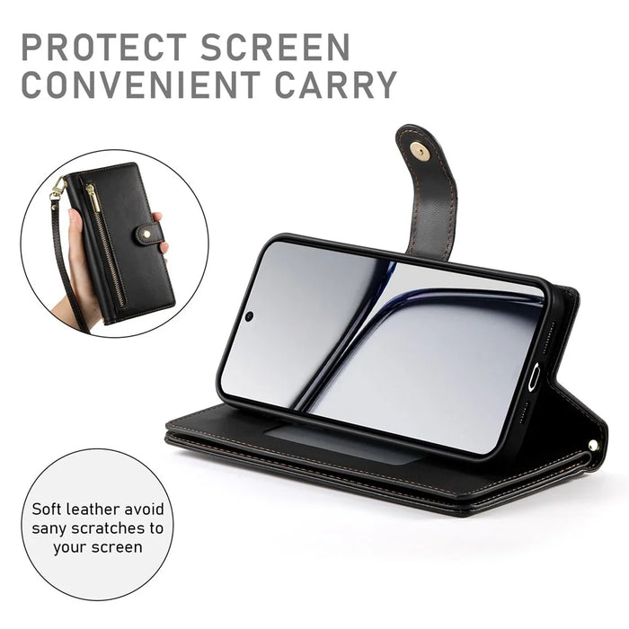 DF-011 For Realme C65 4G Case Zipper Pocket Wallet Leather Phone Cover with Straps - Black - 3