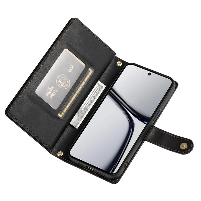 DF-011 For Realme C65 4G Case Zipper Pocket Wallet Leather Phone Cover with Straps - Black - 4