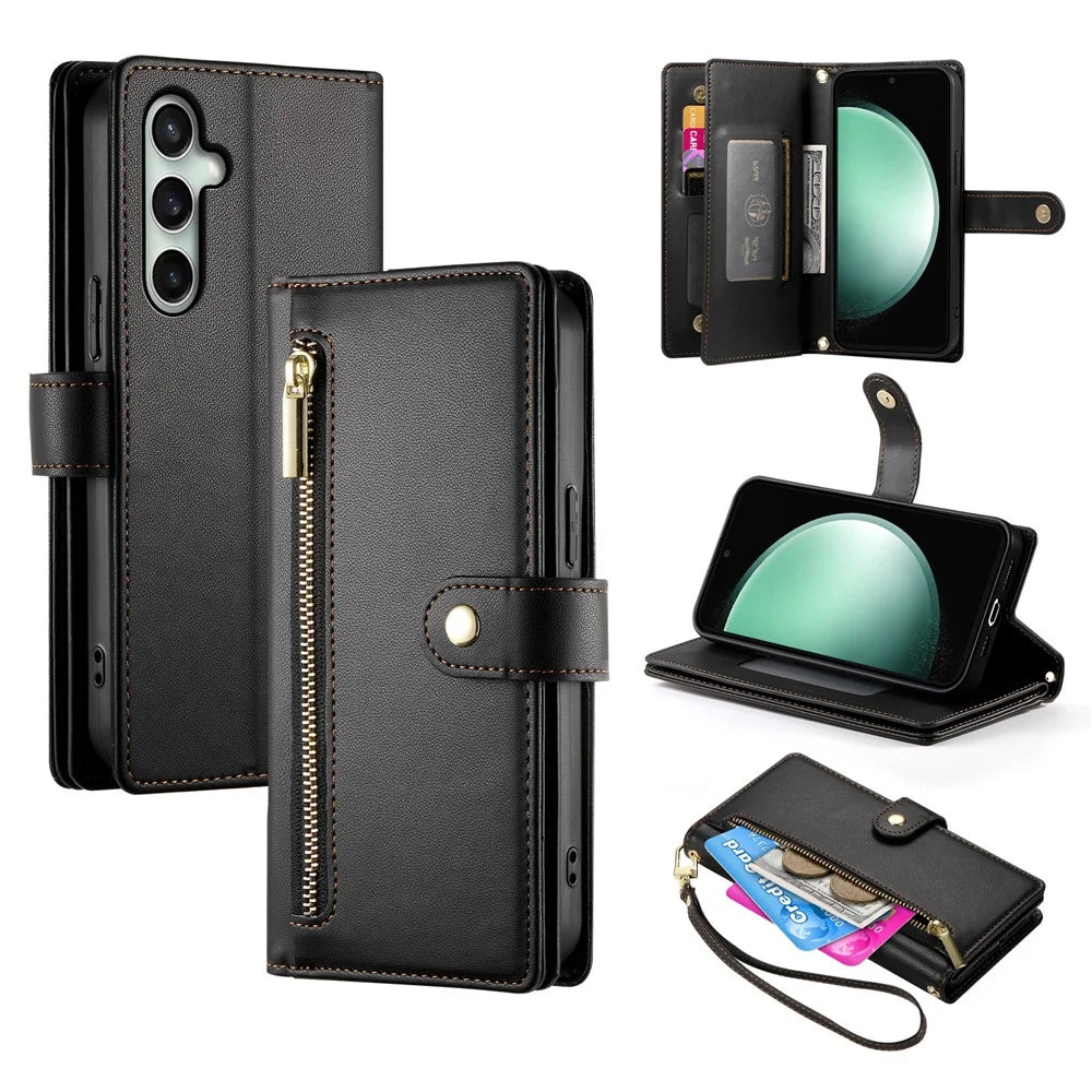 DF-011 For Samsung Galaxy S24 FE Case Zipper Pocket Wallet Leather Phone Cover with Straps - Black - 1