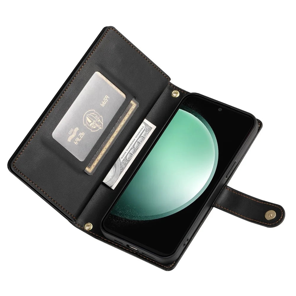 DF-011 For Samsung Galaxy S24 FE Case Zipper Pocket Wallet Leather Phone Cover with Straps - Black - 3