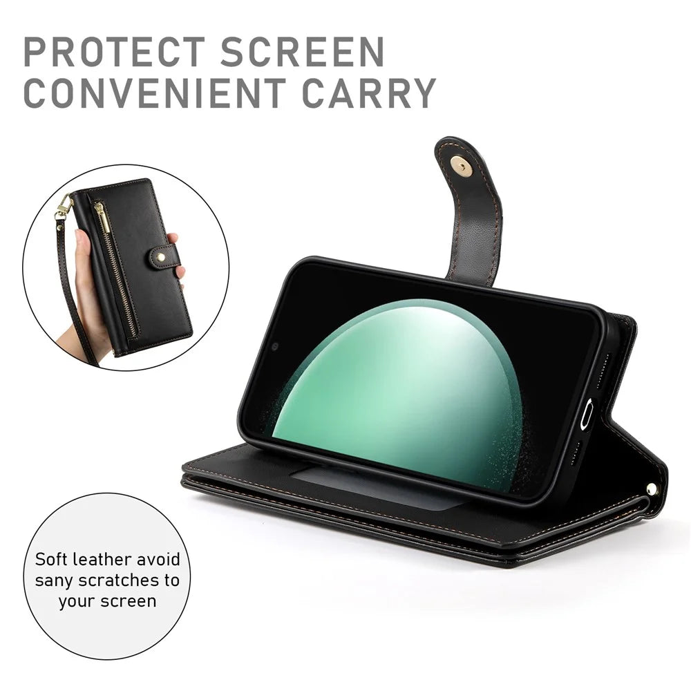 DF-011 For Samsung Galaxy S24 FE Case Zipper Pocket Wallet Leather Phone Cover with Straps - Black - 4