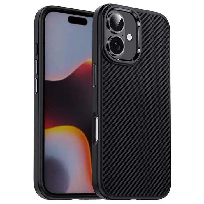 IPAKY For iPhone 16 TPU Case Carbon Fiber Texture Phone Cover Metal Lens Frame - Black - 1