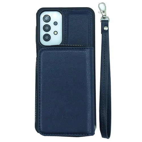 For Samsung Galaxy A53 5G Case Detachable Zipper Card Bag PU+TPU Kickstand Phone Case with Strap - Sapphire - 1