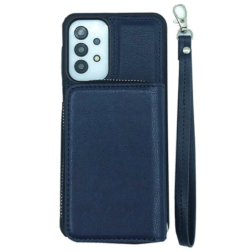 For Samsung Galaxy A33 5G Case Detachable Zipper Card Bag PU+TPU Kickstand Phone Case with Strap - Sapphire - 1