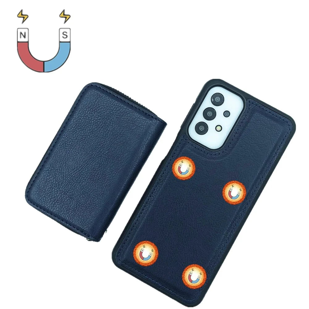 For Samsung Galaxy A33 5G Case Detachable Zipper Card Bag PU+TPU Kickstand Phone Case with Strap - Sapphire - 3