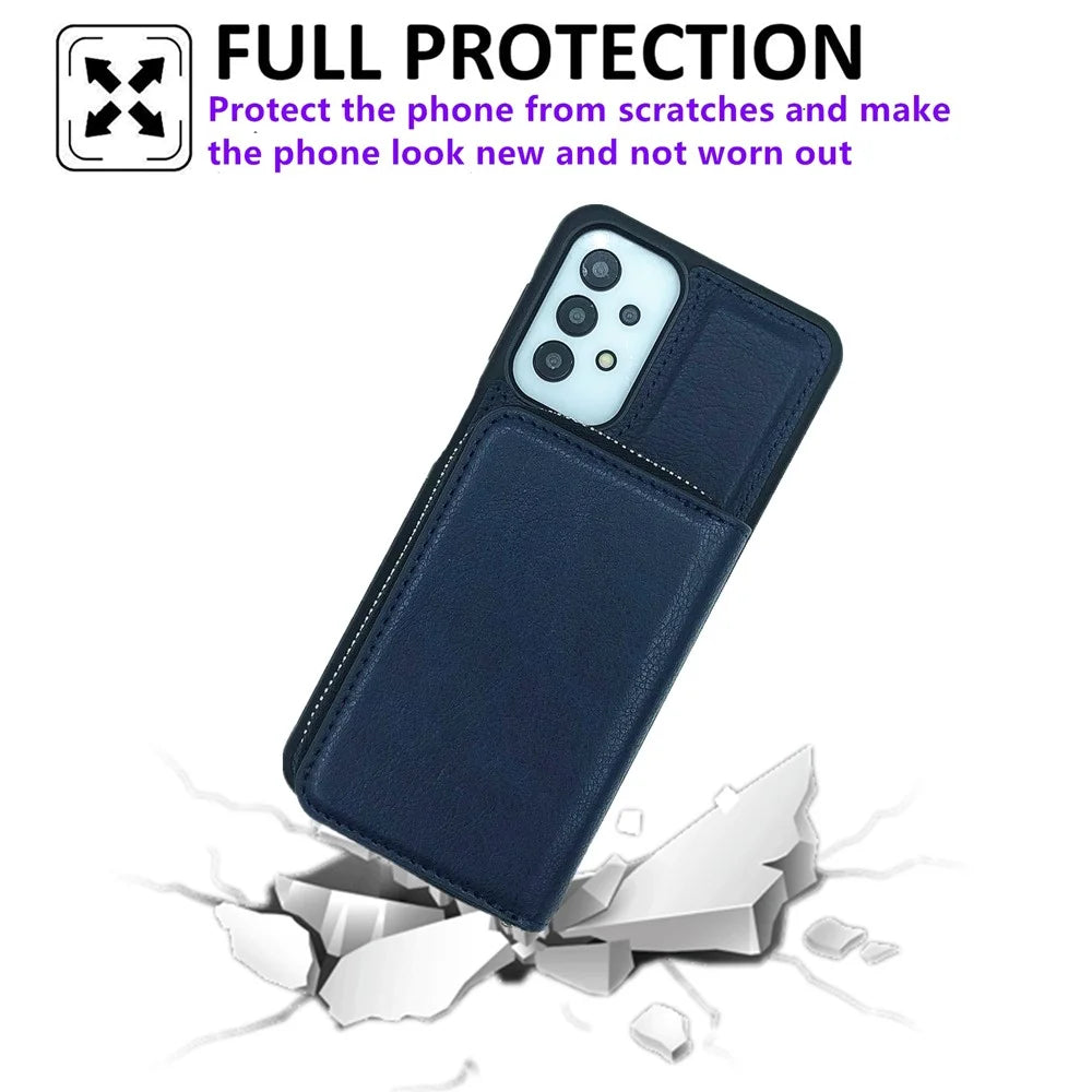 For Samsung Galaxy A33 5G Case Detachable Zipper Card Bag PU+TPU Kickstand Phone Case with Strap - Sapphire - 5