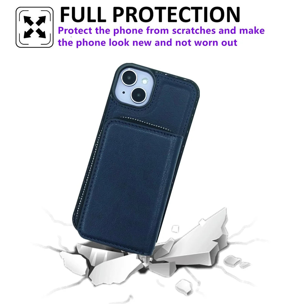 For iPhone 15 Plus Case Detachable Zipper Card Bag PU+TPU Kickstand Phone Case with Strap - Sapphire - 6