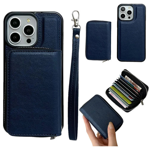 For iPhone 15 Pro Case Detachable Zipper Card Bag PU+TPU Kickstand Phone Case with Strap - Sapphire - 1