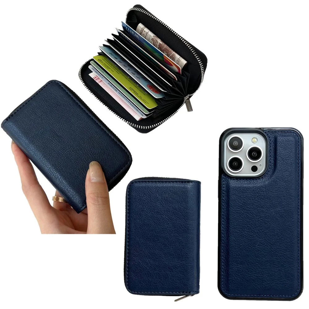 For iPhone 15 Pro Case Detachable Zipper Card Bag PU+TPU Kickstand Phone Case with Strap - Sapphire - 3