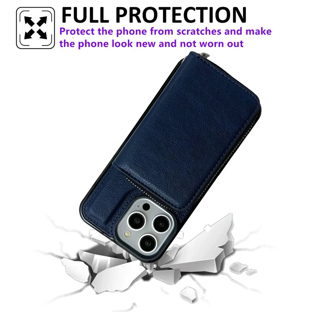For iPhone 15 Pro Case Detachable Zipper Card Bag PU+TPU Kickstand Phone Case with Strap - Sapphire - 6